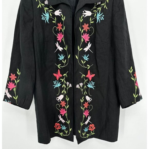 Pursuits linen Blazer Women 16 Black Floral Embroidered Long Sleeve Open Front - Picture 3 of 11